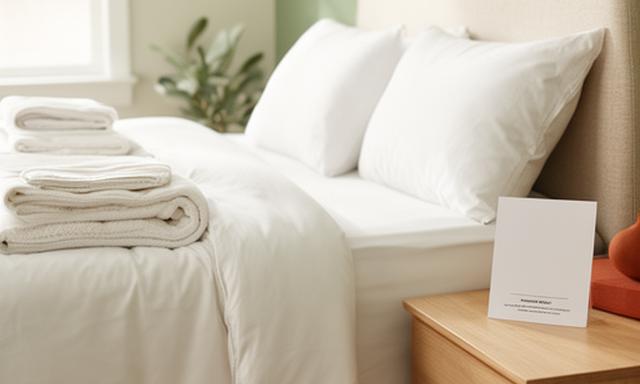 Bright bedroom with neatly made bed, folded white bedding and a small privacy notice card on a bedside table