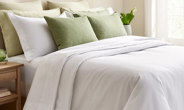 Crisp white bedding layered with sage green linen cushions on a neatly made bed in a bright bedroom
