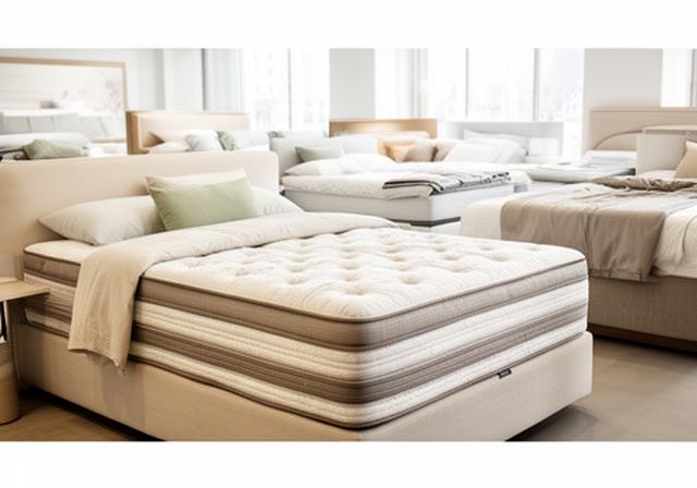 Layered mattresses displayed in a bright bedding showroom with neutral linens