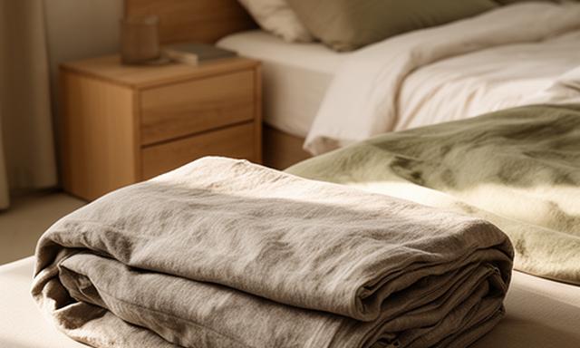 Stone-coloured flat sheet folded beside a neatly made bed with natural wood furniture