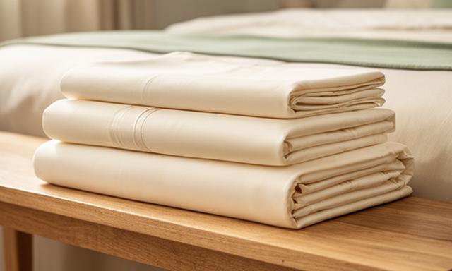 Folded ivory Egyptian cotton sheet set displayed on a wooden bedroom bench