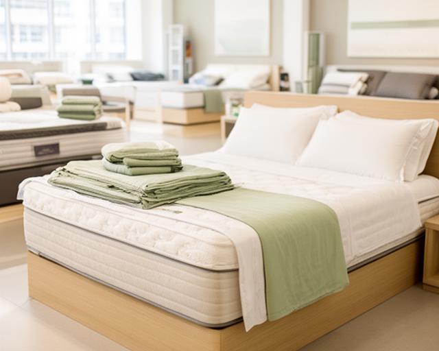 Neatly arranged mattress, white sheets and folded bedding in a bright Newark showroom