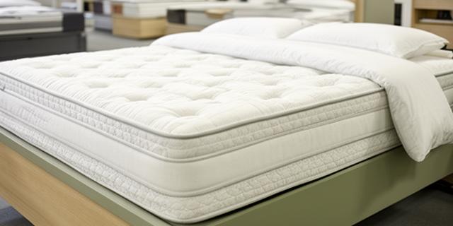 Firm essential mattress neatly dressed with white bedding in a showroom