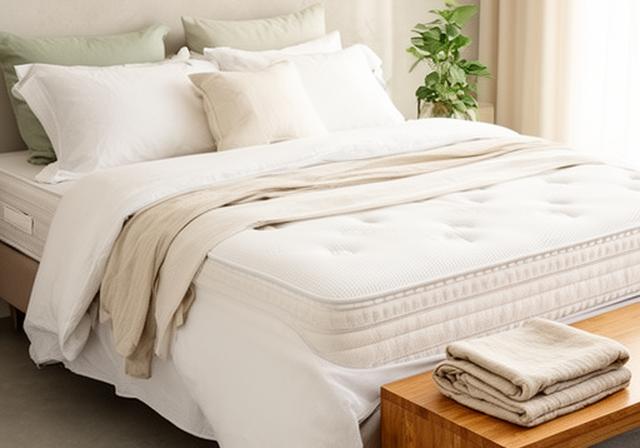 Bright bedroom with layered white bedding, a supportive mattress and folded linen on a wooden bench