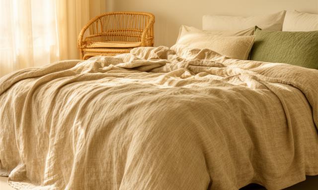 Natural flax linen duvet cover in a softly lit bedroom with a rattan bedside table