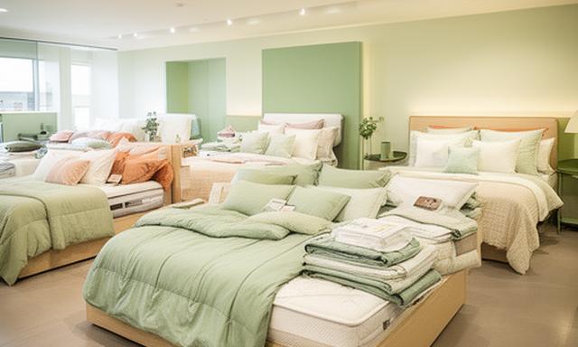Bright bedding showroom with neatly made beds, layered pillows and soft green accents