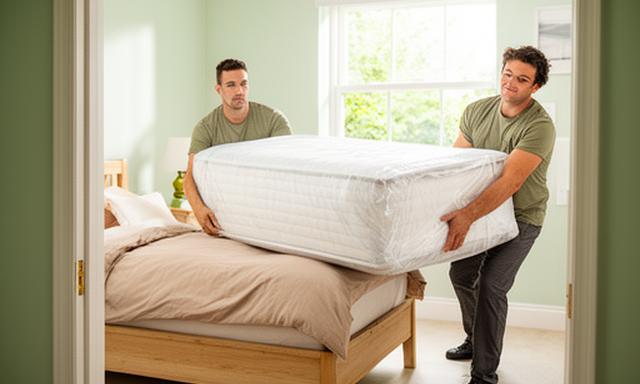Mattress delivery team carrying a wrapped mattress into a bright bedroom in Nottinghamshire